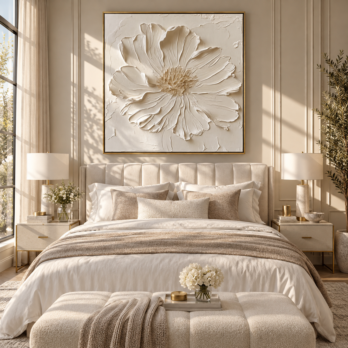 Slate Linen Blooms Passage Silence - textured floral painting shown in modern room setting 4
