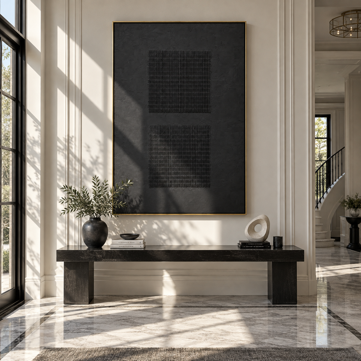 Onyx Slate Violet Tides Pause - textured abstract painting displayed in a styled interior