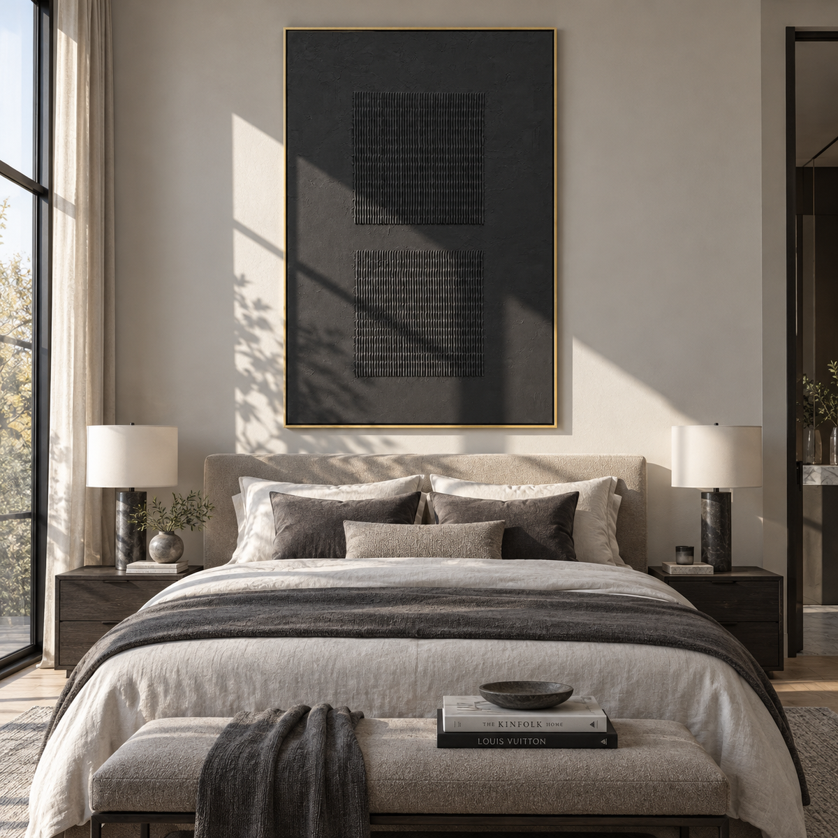 Onyx Slate Violet Tides Pause - textured abstract painting shown in modern room setting 5