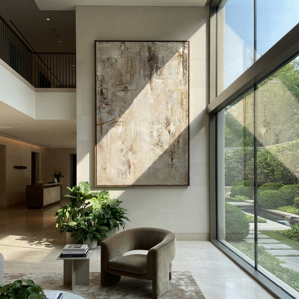 Slate Linen Umber Currents Balance - textured abstract painting shown in modern room setting 3