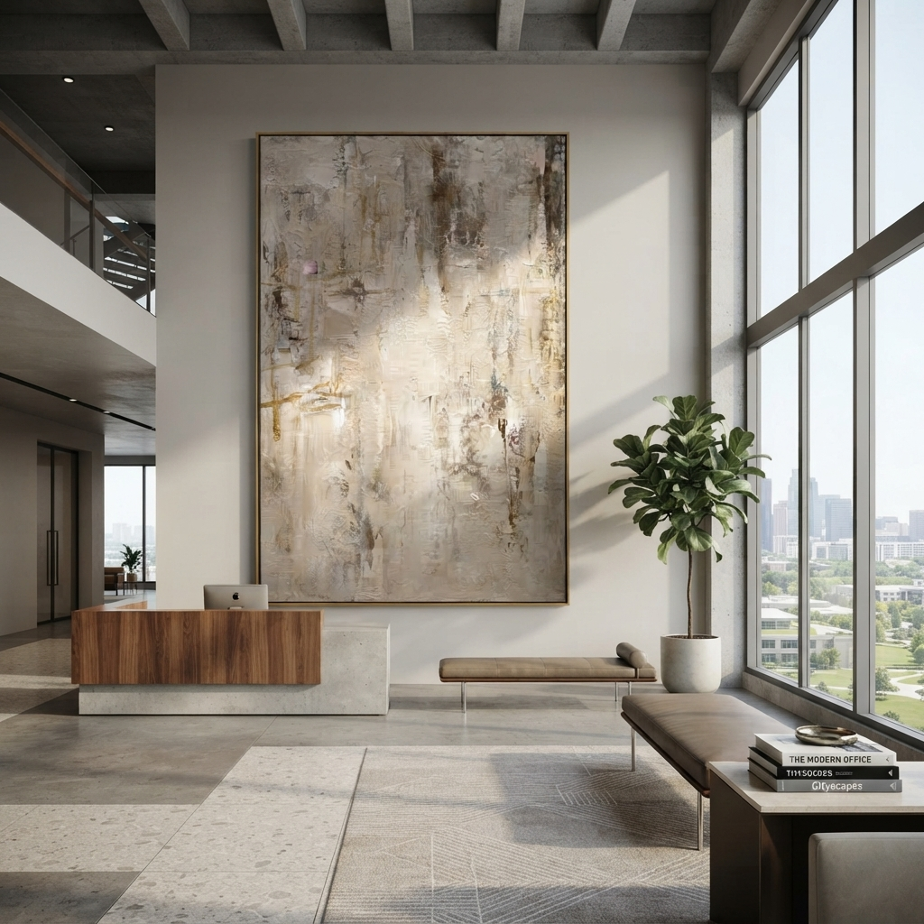 Slate Linen Umber Currents Balance - textured abstract painting shown in modern room setting 5