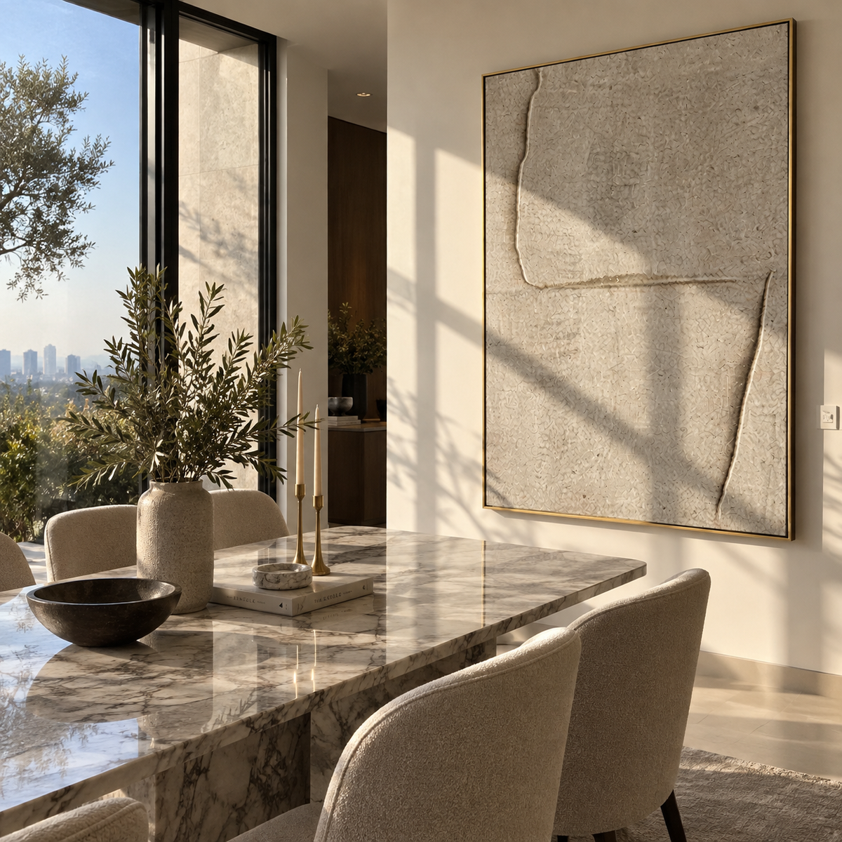 Slate Linen Umber Layers Resonance - textured abstract painting displayed in a styled interior