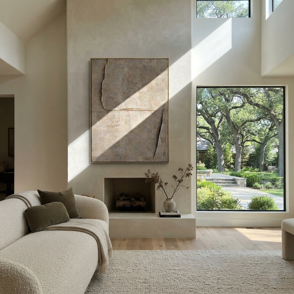 Slate Linen Umber Layers Resonance - textured abstract painting shown in modern room setting 4