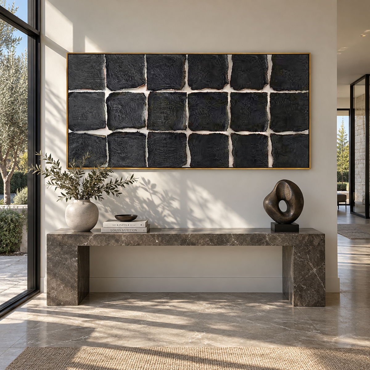 Onyx Slate Amber Contours Rain - textured abstract painting displayed in a styled interior