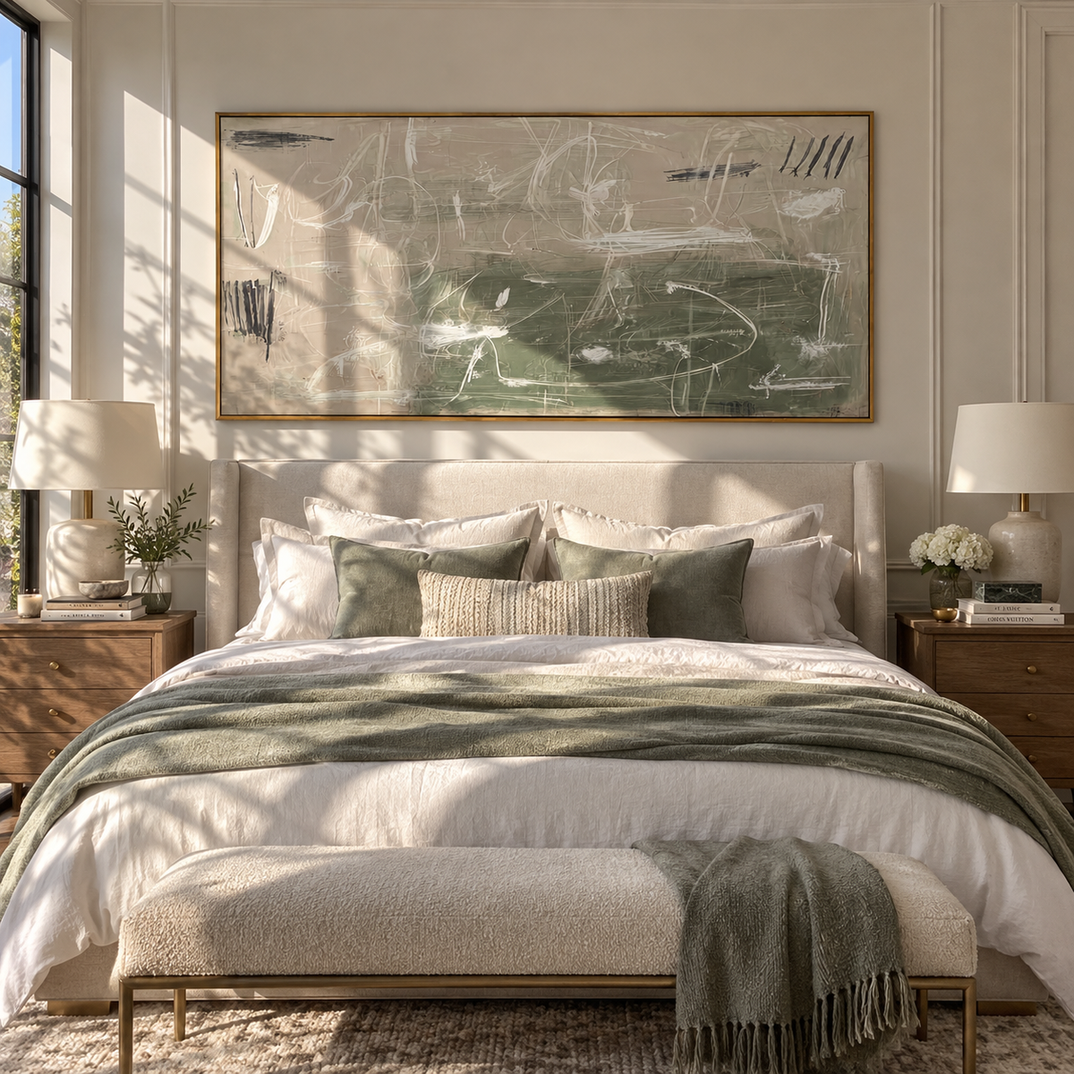 Ivory Linen Slate Echo Dusk - textured abstract painting displayed in a styled interior