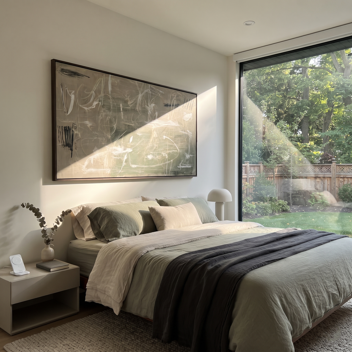 Ivory Linen Slate Echo Dusk - textured abstract painting shown in modern room setting 2