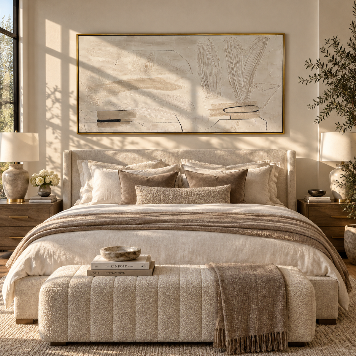 Ivory Slate Linen Rhythm Interval - textured abstract painting displayed in a styled interior
