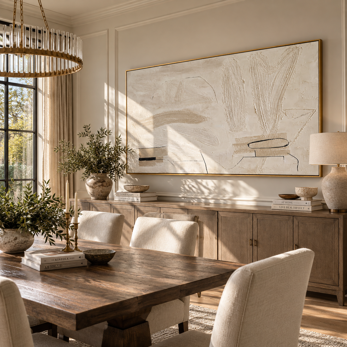 Ivory Slate Linen Rhythm Interval - textured abstract painting shown in modern room setting 4