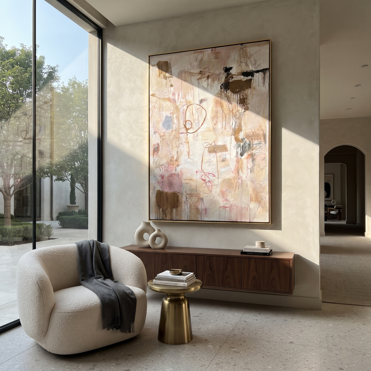 Ivory Slate Linen Relief Distance - textured abstract painting shown in modern room setting 2