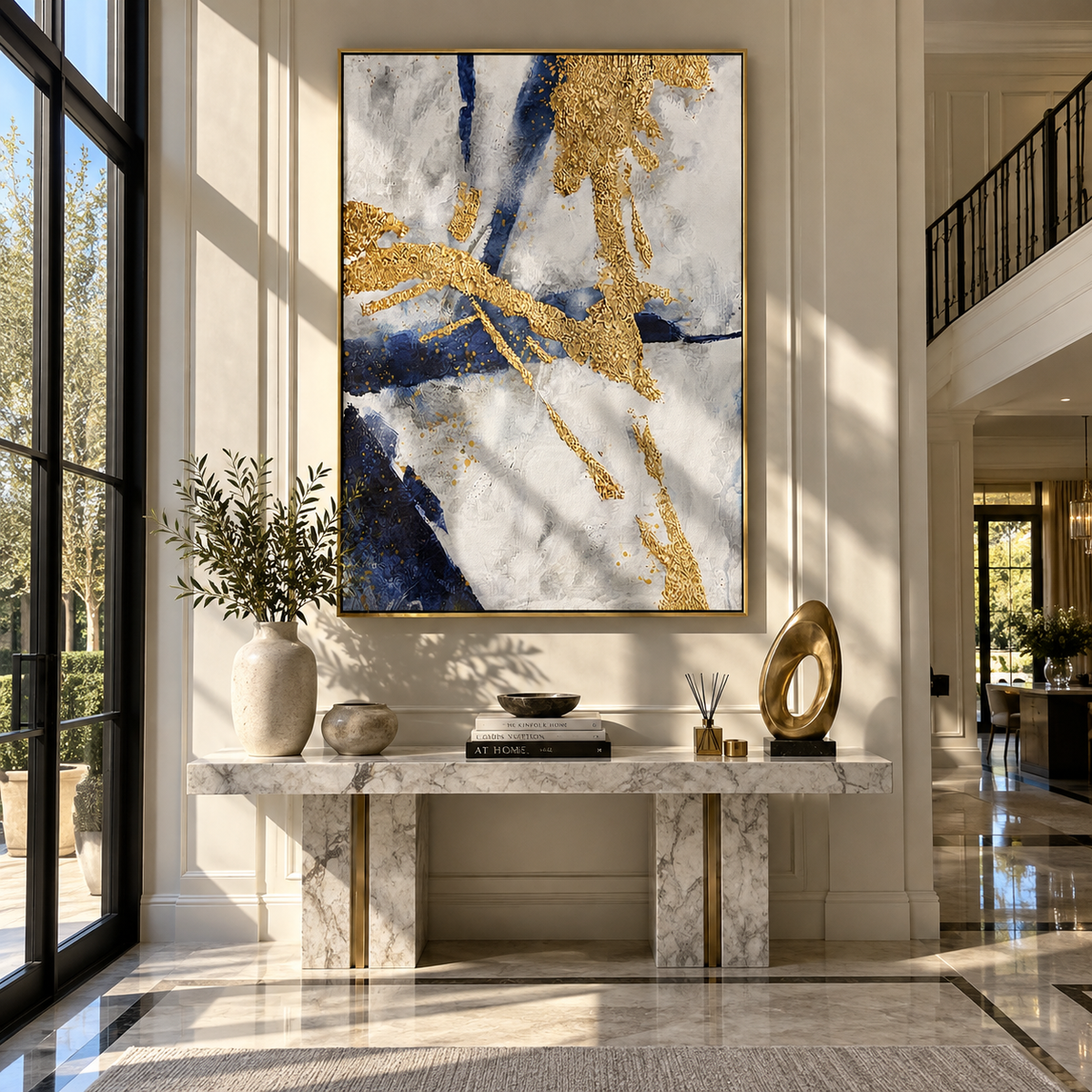 Slate Azure Onyx Strata Light - textured abstract painting displayed in a styled interior