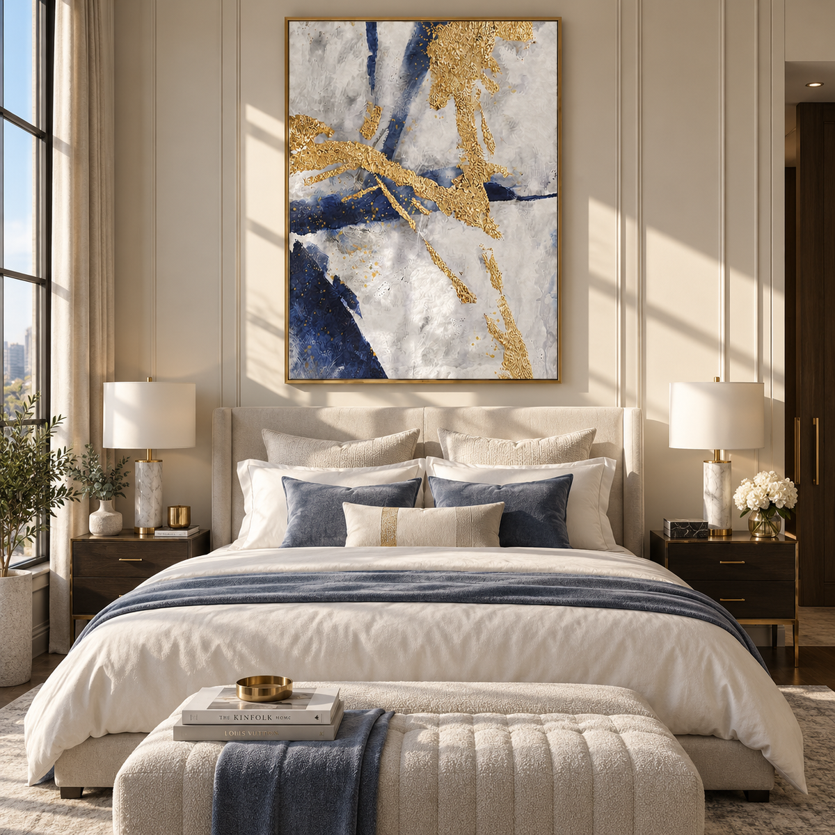 Slate Azure Onyx Strata Light - textured abstract painting shown in modern room setting 5