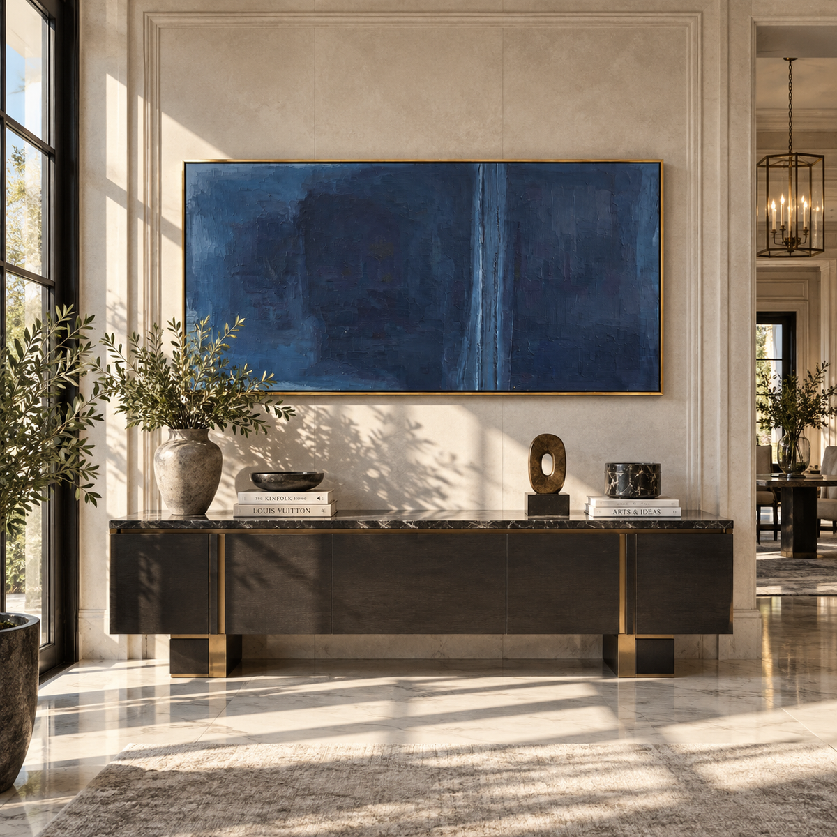 Azure Onyx Amber Terraces Tension - textured abstract painting shown in modern room setting 4