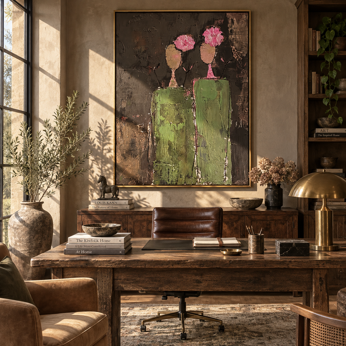 Umber Verdant Figures Fragments Quiet - textured figurative painting shown in modern room setting 4