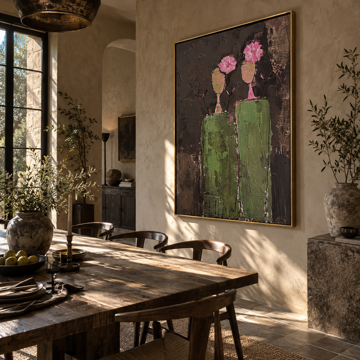 Umber Verdant Figures Fragments Quiet - textured figurative painting shown in modern room setting 5