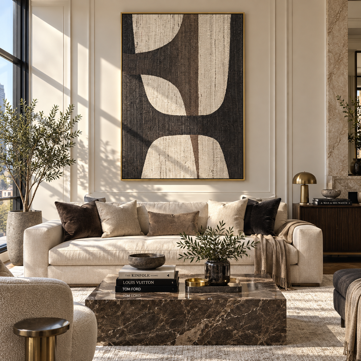 Onyx Linen Slate Tides Depth - textured abstract painting displayed in a styled interior