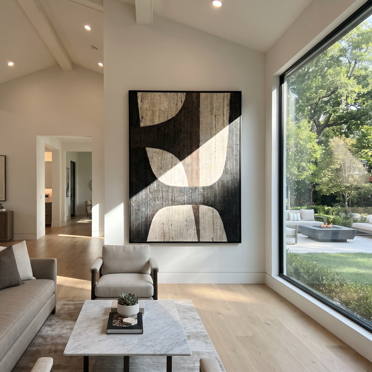 Onyx Linen Slate Tides Depth - textured abstract painting shown in modern room setting 3