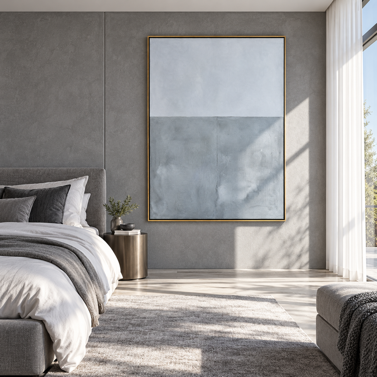 Slate Azure Onyx Currents Silence - textured abstract painting displayed in a styled interior