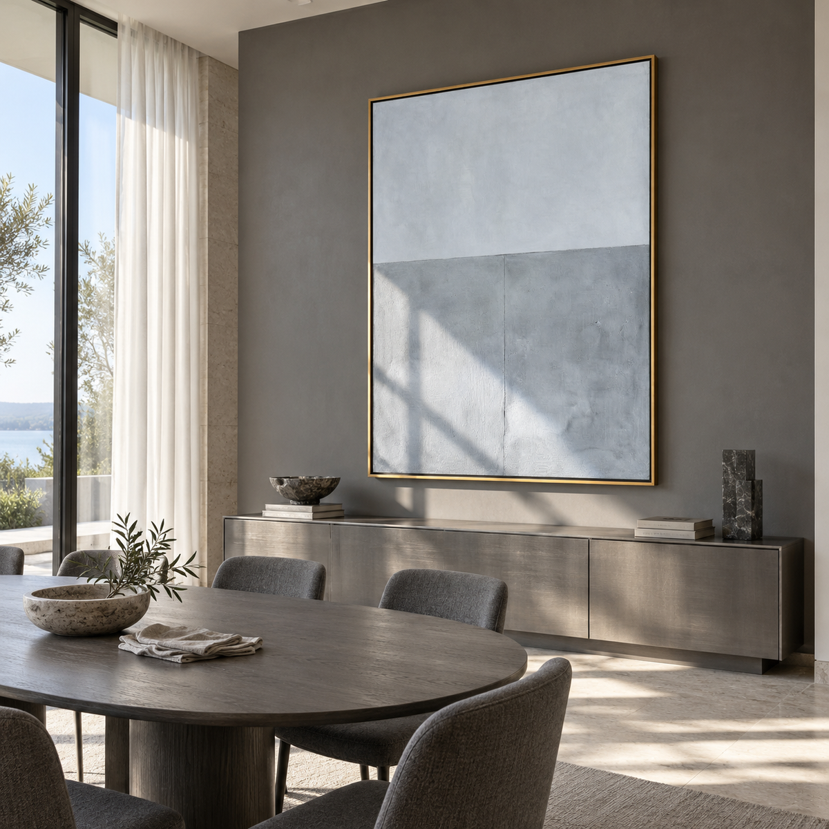 Slate Azure Onyx Currents Silence - textured abstract painting shown in modern room setting 4