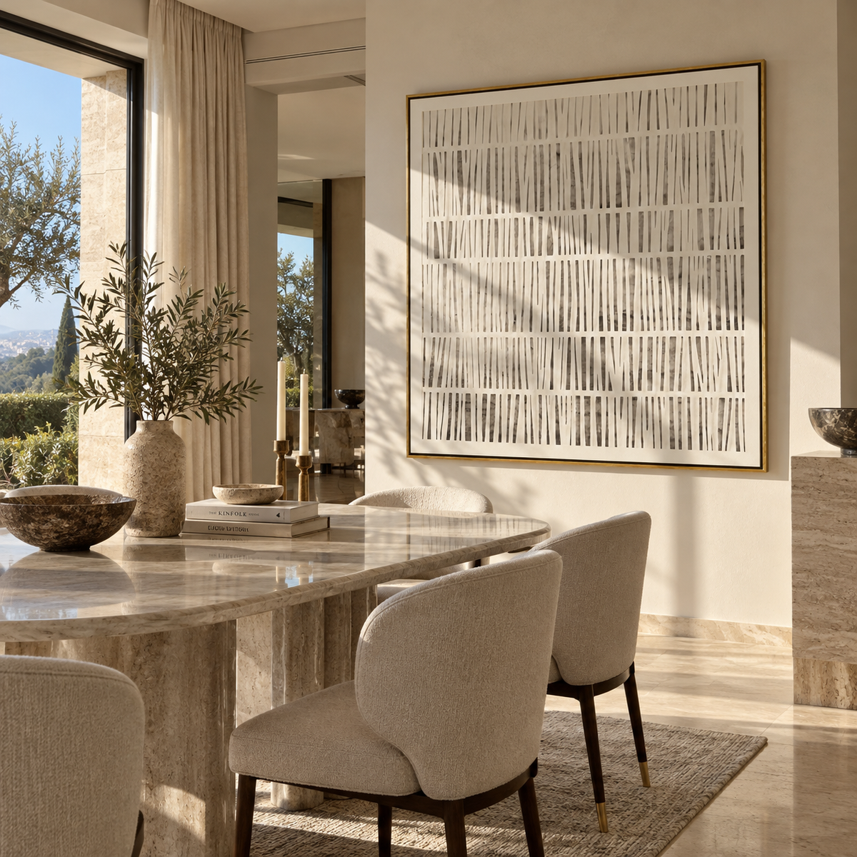 Slate Linen Umber Layers Pause - textured abstract painting shown in modern room setting 2