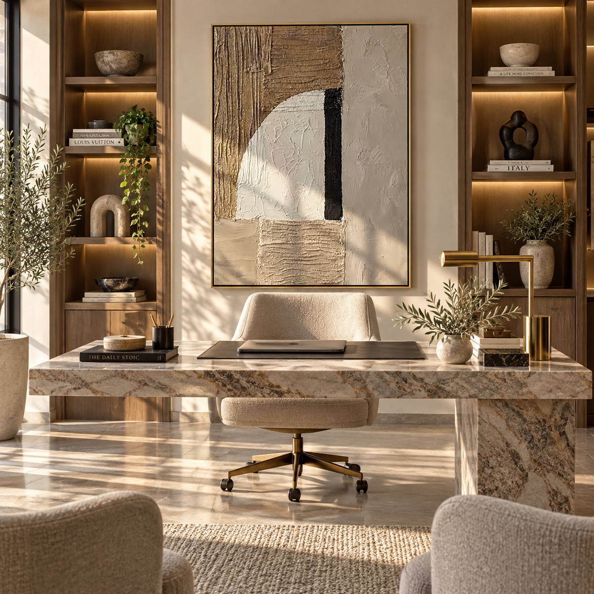 Linen Umber Slate Drift Calm - textured abstract painting displayed in a styled interior