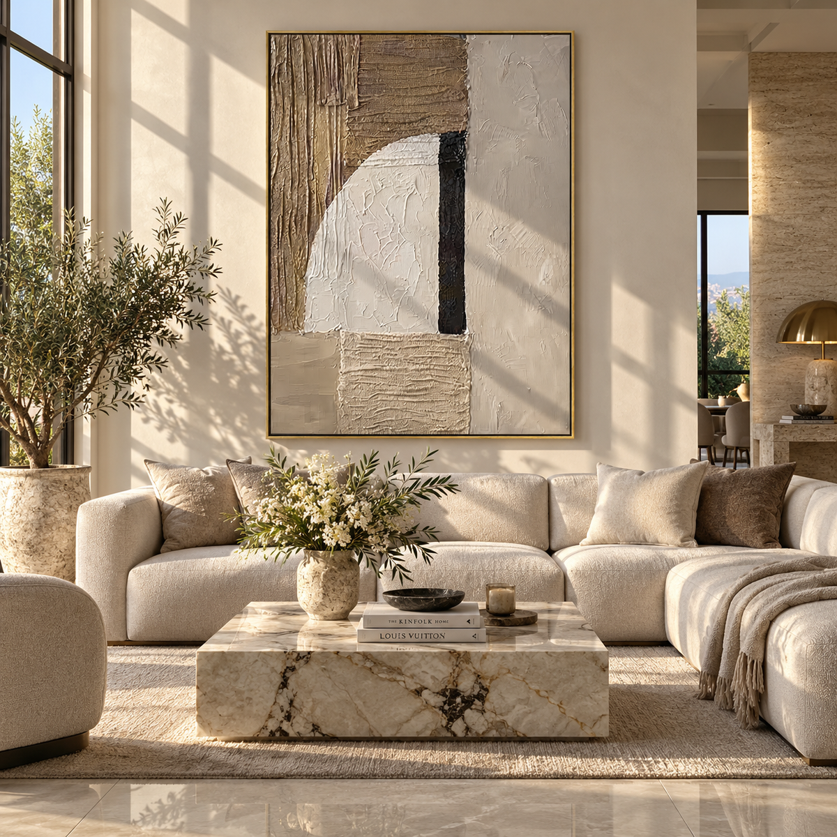 Linen Umber Slate Drift Calm - textured abstract painting shown in modern room setting 2