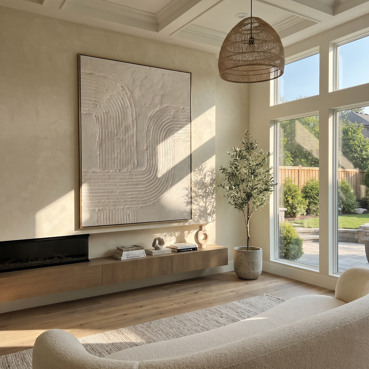 Slate Onyx Linen Contours Stillness - textured abstract painting displayed in a styled interior