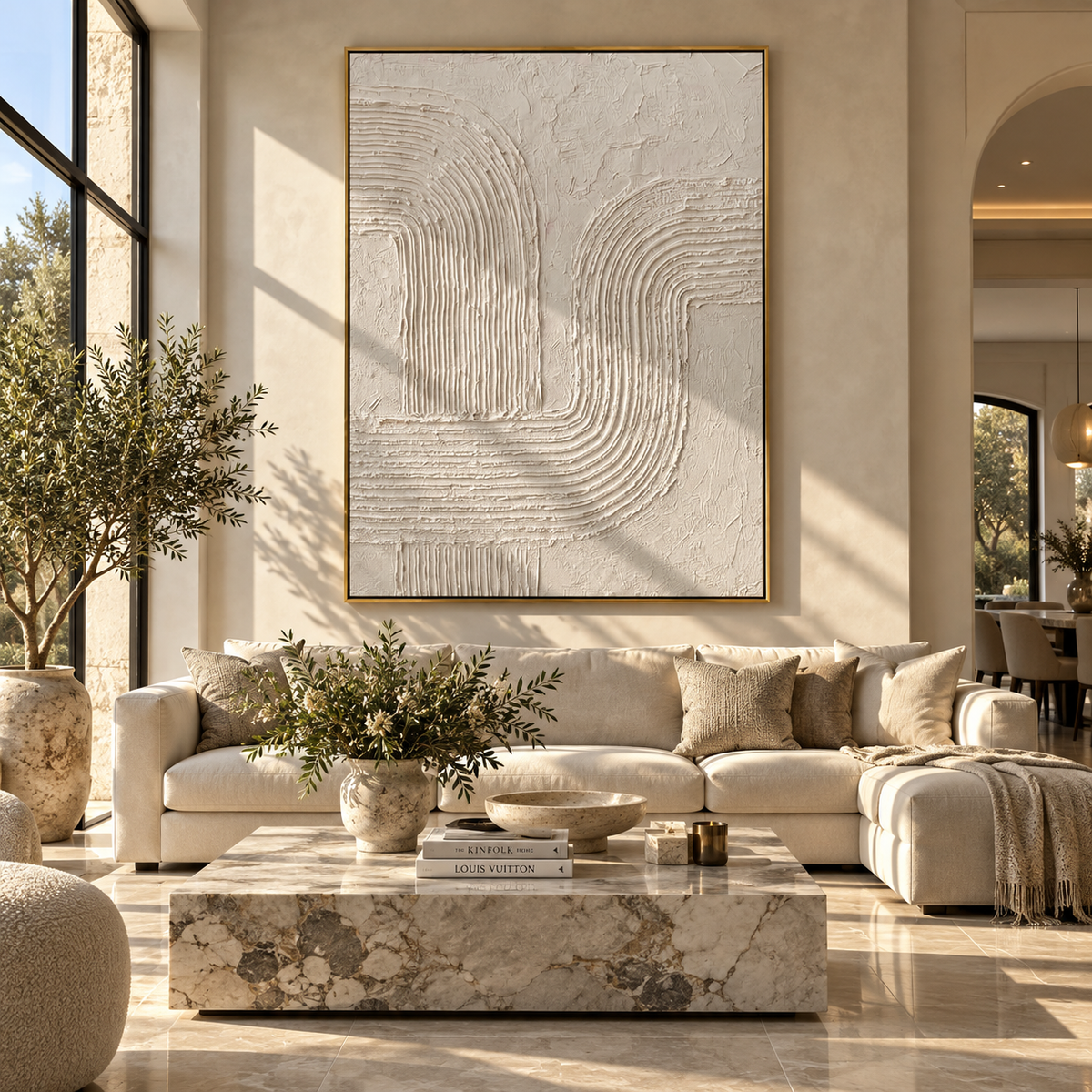 Slate Onyx Linen Contours Stillness - textured abstract painting shown in modern room setting 2
