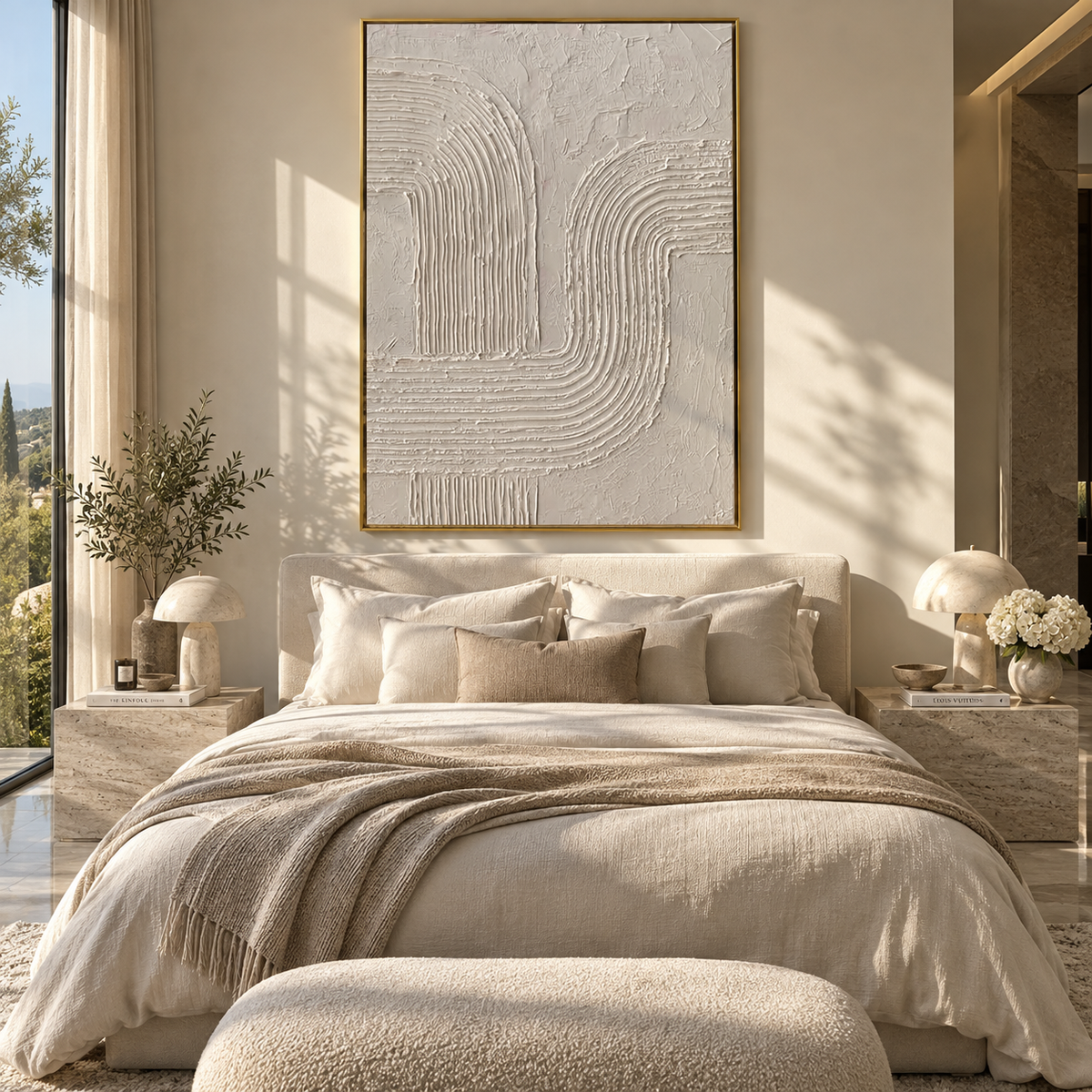 Slate Onyx Linen Contours Stillness - textured abstract painting shown in modern room setting 3
