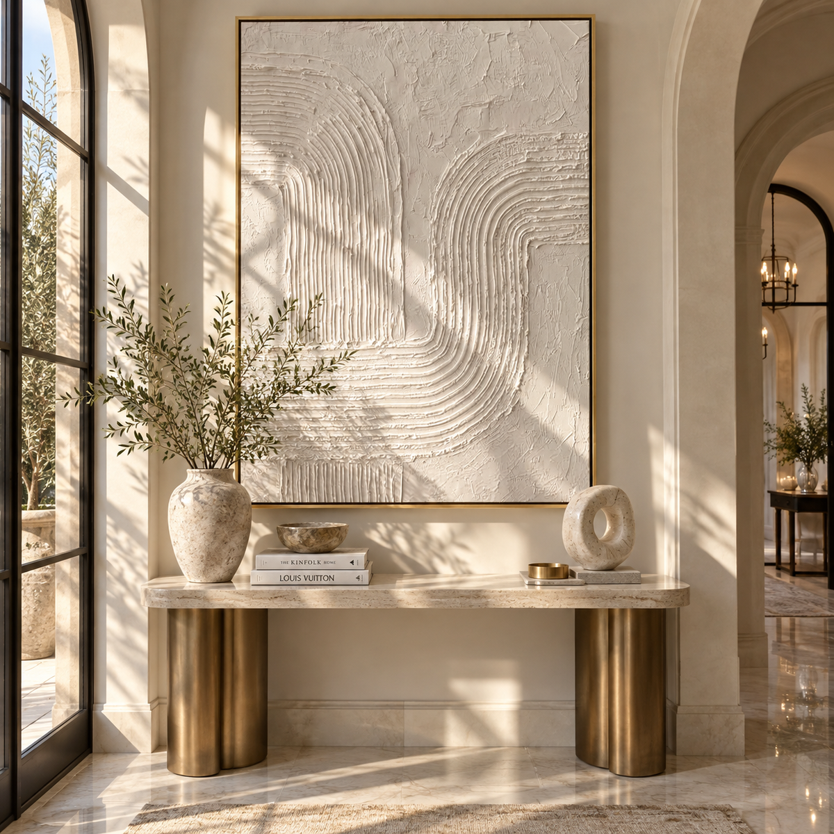 Slate Onyx Linen Contours Stillness - textured abstract painting shown in modern room setting 4