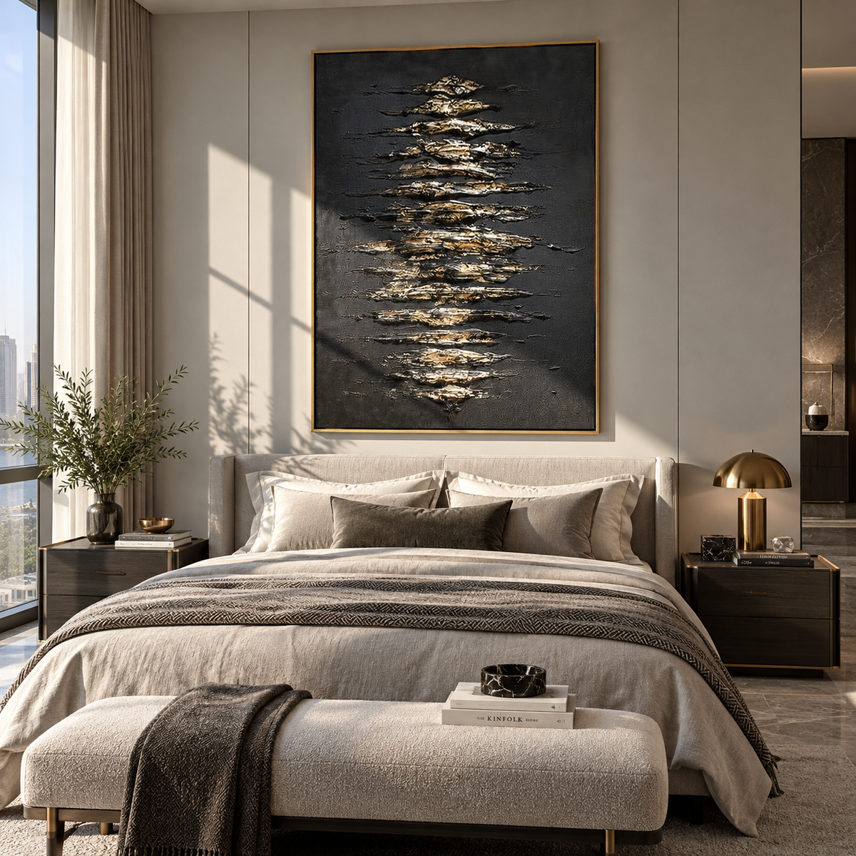 Onyx Slate School Crossing Air - textured fish painting shown in modern room setting 2