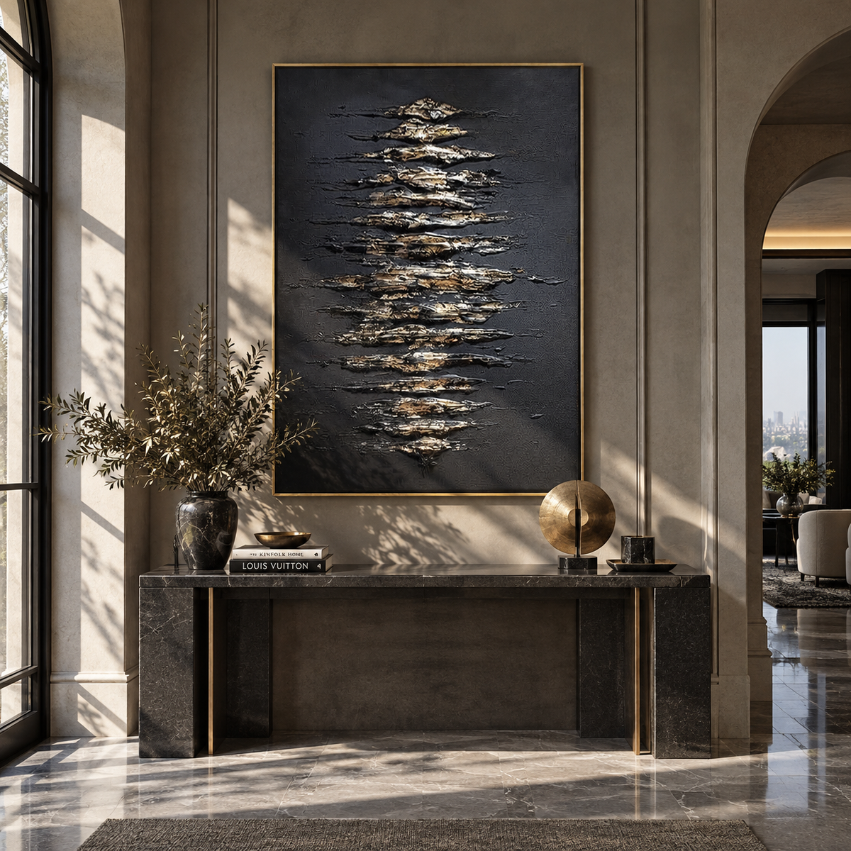 Onyx Slate School Crossing Air - textured fish painting shown in modern room setting 3