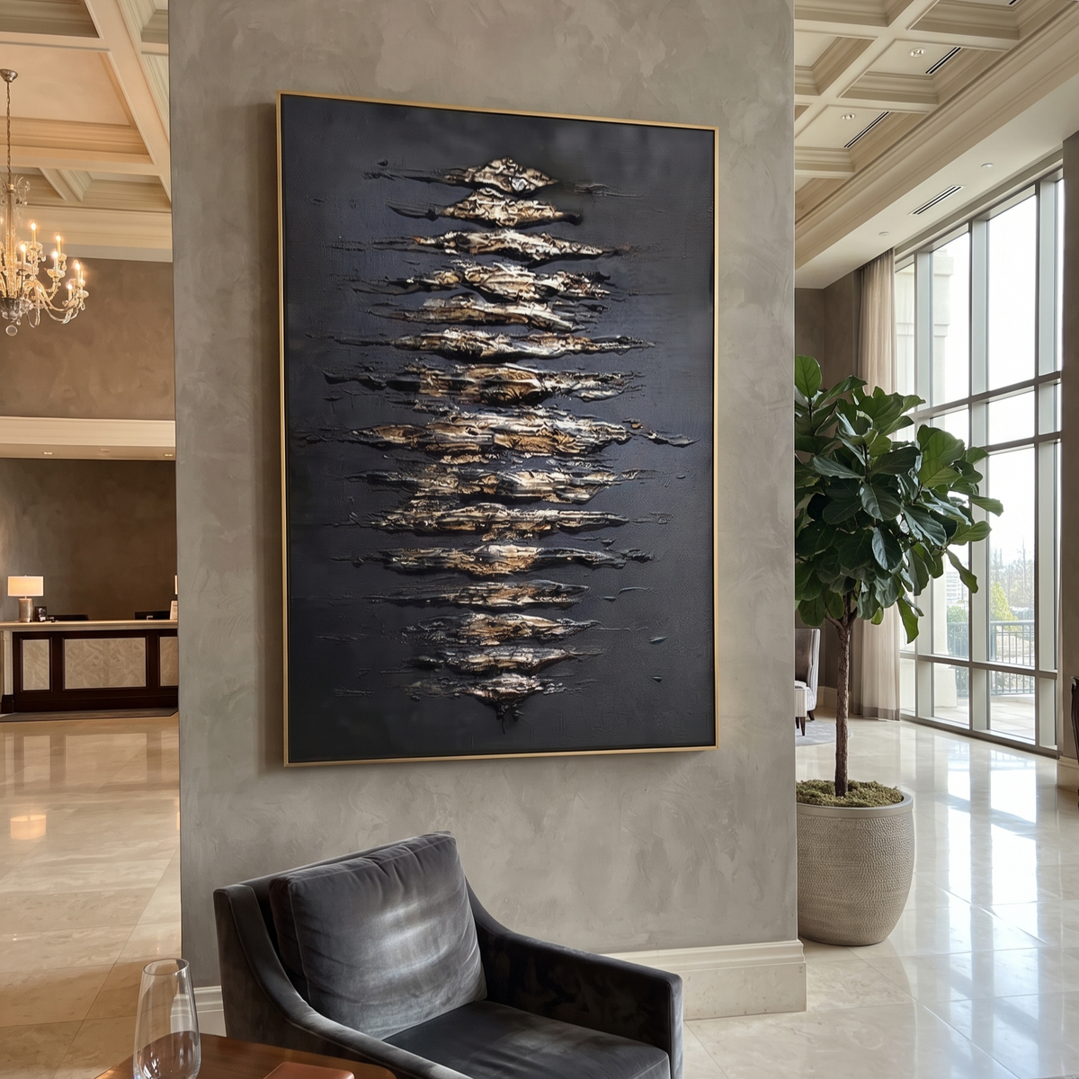 Onyx Slate School Crossing Air - textured fish painting shown in modern room setting 5
