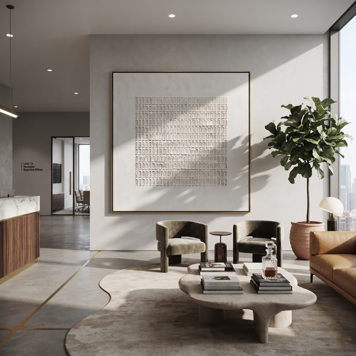 Slate Linen Umber Rhythm Cadence - textured abstract painting displayed in a styled interior