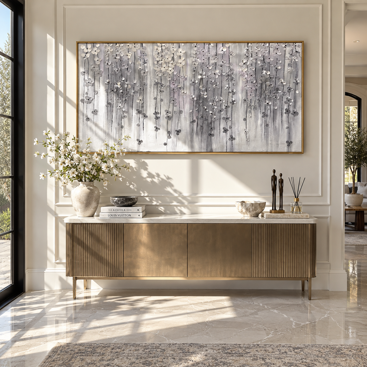 Slate Onyx Amber Strata Interval - textured abstract painting displayed in a styled interior