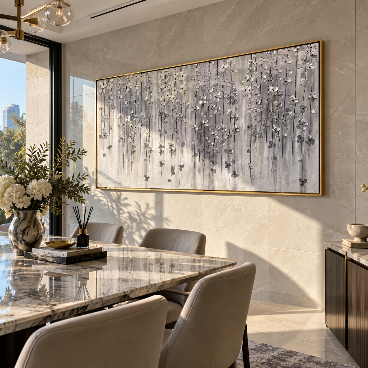 Slate Onyx Amber Strata Interval - textured abstract painting shown in modern room setting 3