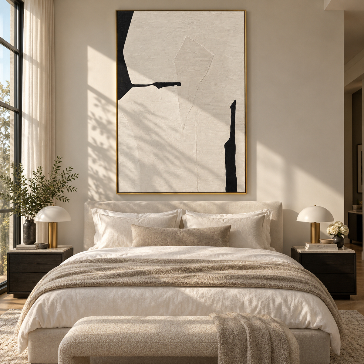 Slate Onyx Linen Terraces Distance - textured abstract painting displayed in a styled interior
