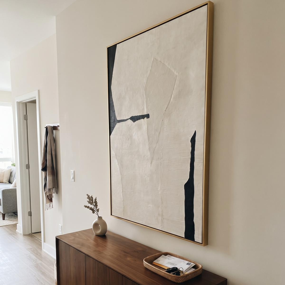 Slate Onyx Linen Terraces Distance - textured abstract painting shown in modern room setting 5