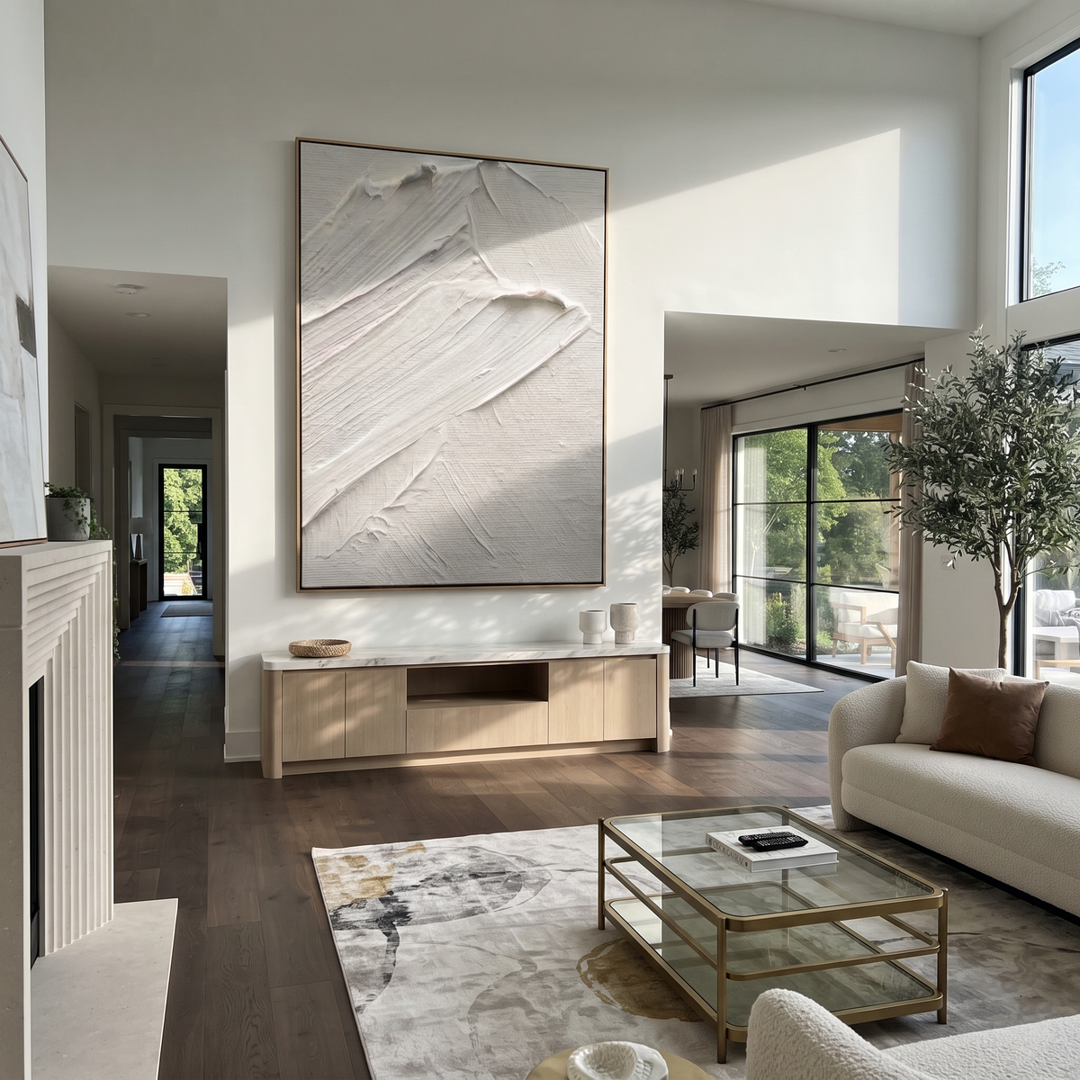 Slate Onyx Linen Fragments Tension - textured abstract painting displayed in a styled interior