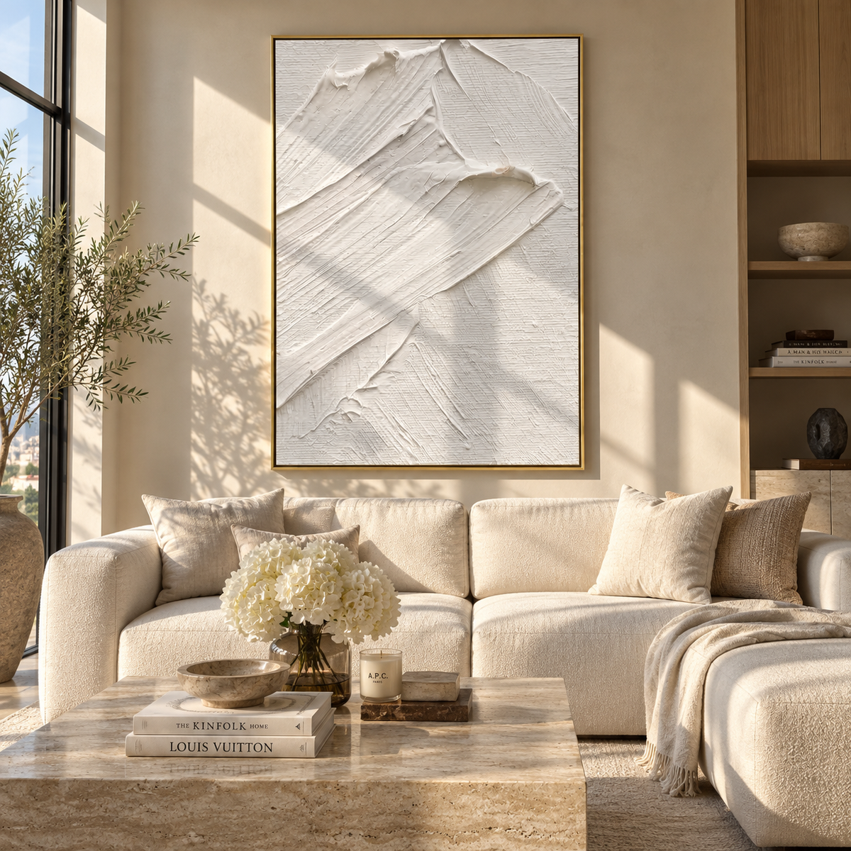 Slate Onyx Linen Fragments Tension - textured abstract painting shown in modern room setting 2