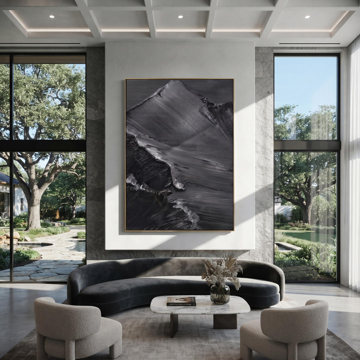 Slate Onyx Linen Field Space - textured abstract painting displayed in a styled interior