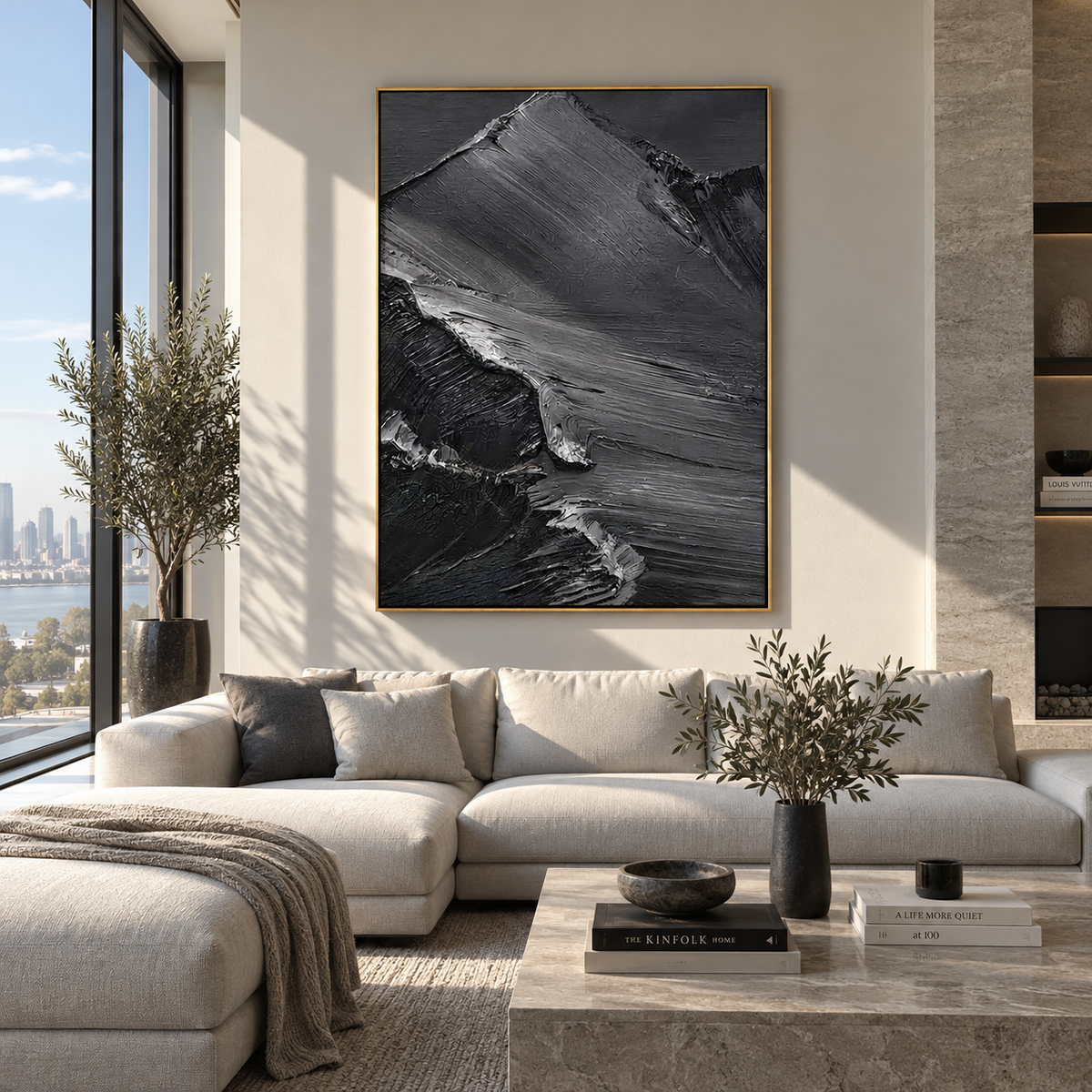 Slate Onyx Linen Field Space - textured abstract painting shown in modern room setting 3
