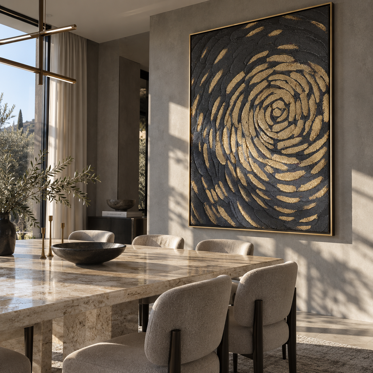 Slate Linen Onyx Passage Quiet - textured abstract painting shown in modern room setting 2