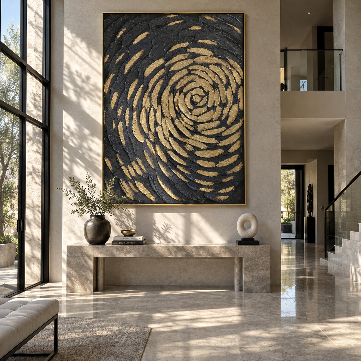 Slate Linen Onyx Passage Quiet - textured abstract painting shown in modern room setting 5