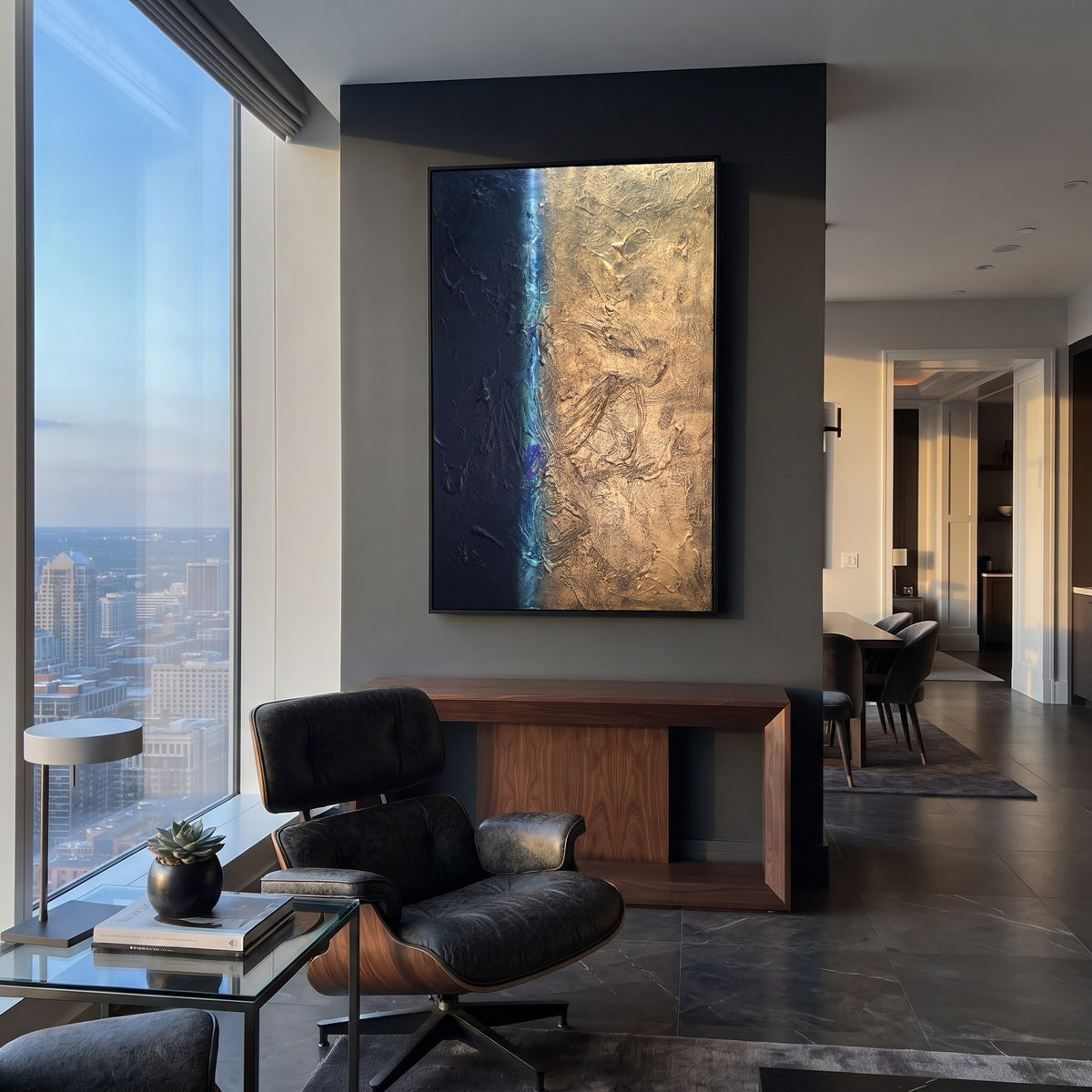 Gilded Fault Line - black gold textured abstract painting shown in modern room setting 4