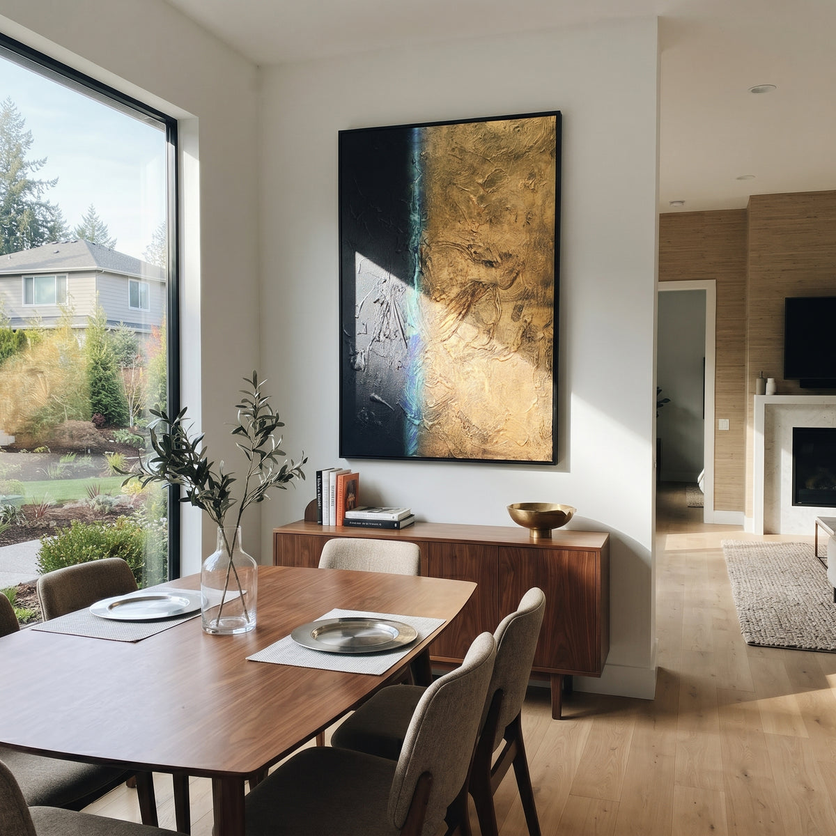 Gilded Fault Line - black gold textured abstract painting shown in modern room setting 5