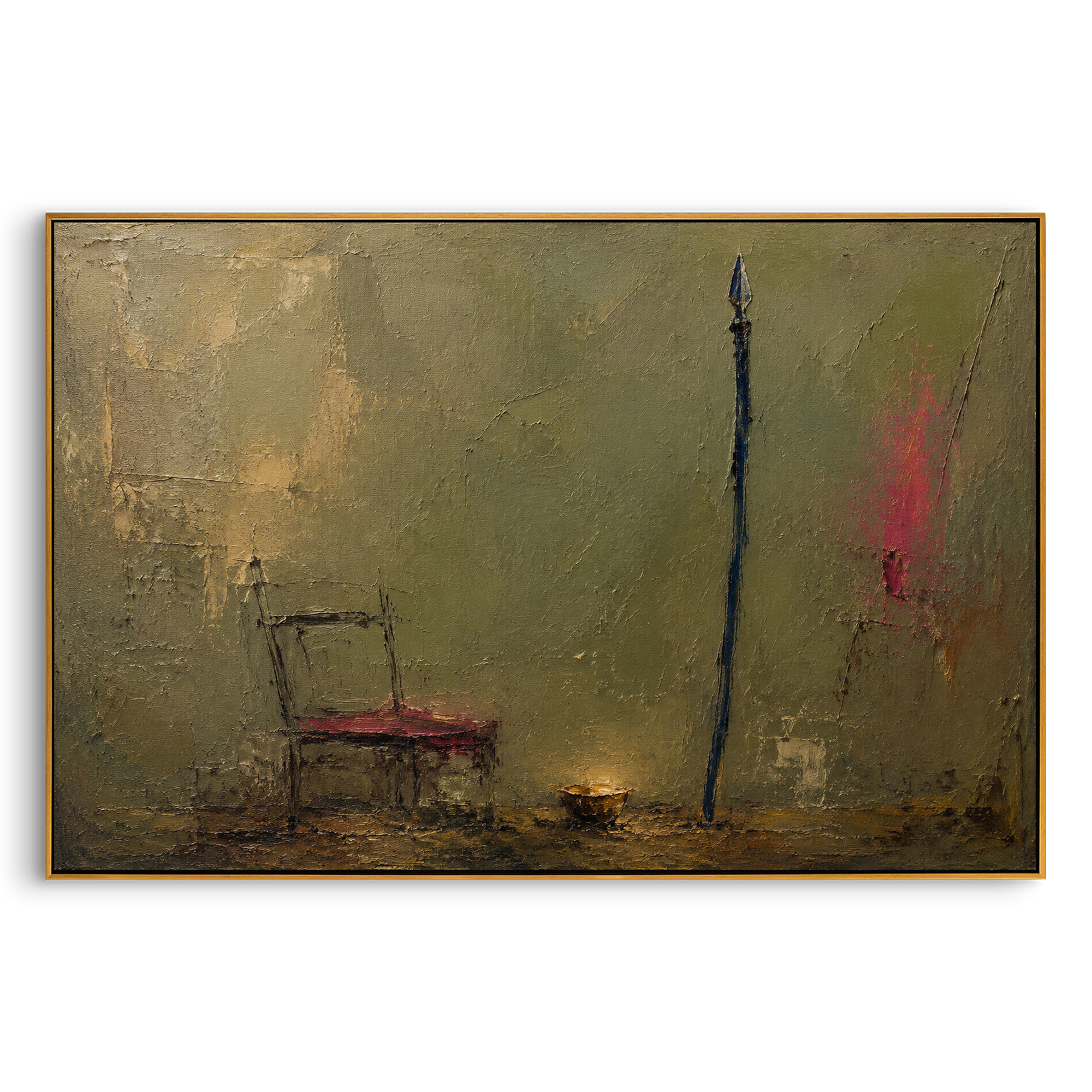 "Odysseus Departure Spear" imagines the quiet threshold before the hero leaves Ithaca: an empty chair, an upright spear and a small ember-like light sit inside an olive plaster room, as if the household has already felt the coming absence. The image does not show the voyage directly; it shows the moment before it, when duty, war and home are held in the same still air. Scraped green, muted gold and black palette-knife texture gives the sparse objects the weight of ritual. This horizontal work