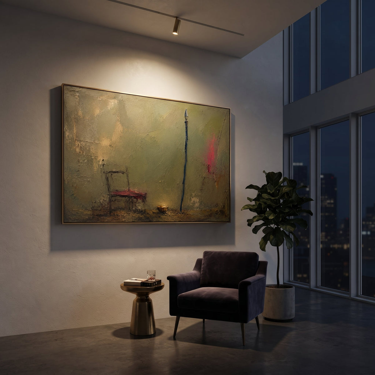 "Odysseus Departure Spear" imagines the quiet threshold before the hero leaves Ithaca: an empty chair, an upright spear and a small ember-like light sit inside an olive plaster room, as if the household has already felt the coming absence. The image does not show the voyage directly; it shows the moment before it, when duty, war and home are held in the same still air. Scraped green, muted gold and black palette-knife texture gives the sparse objects the weight of ritual. This horizontal work