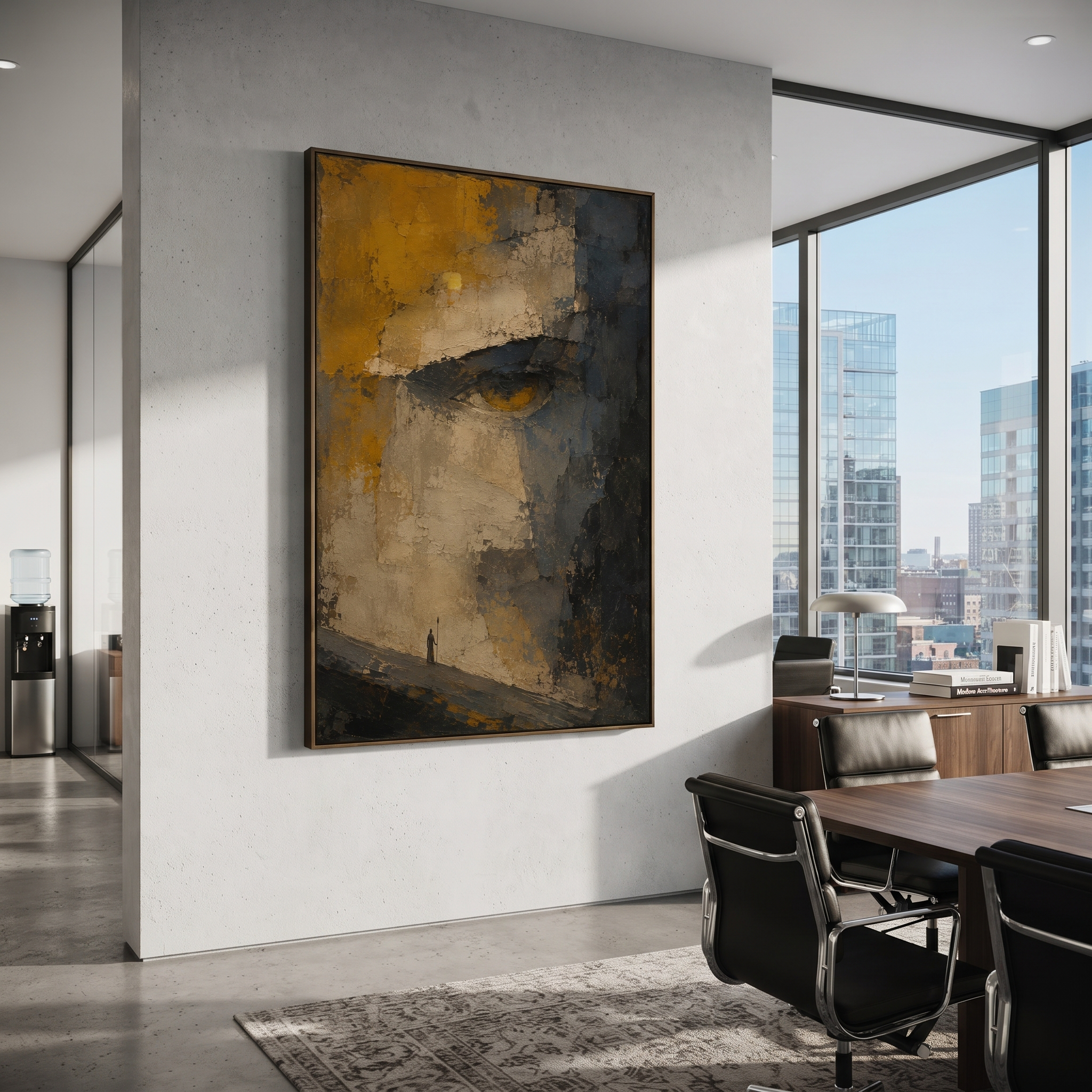 "Polyphemus Cave Eye" compresses the Cyclops episode into one immense watching eye above a tiny traveler, turning the canvas into the moment Odysseus feels trapped inside the giant cave. Ochre, stone grey and black impasto form a rough cavern surface, while the small figure below carries the vulnerability and cunning of the hero. The painting suggests danger without literal illustration, letting the eye become both monster and fate. Its vertical format heightens the mythic scale, ideal for