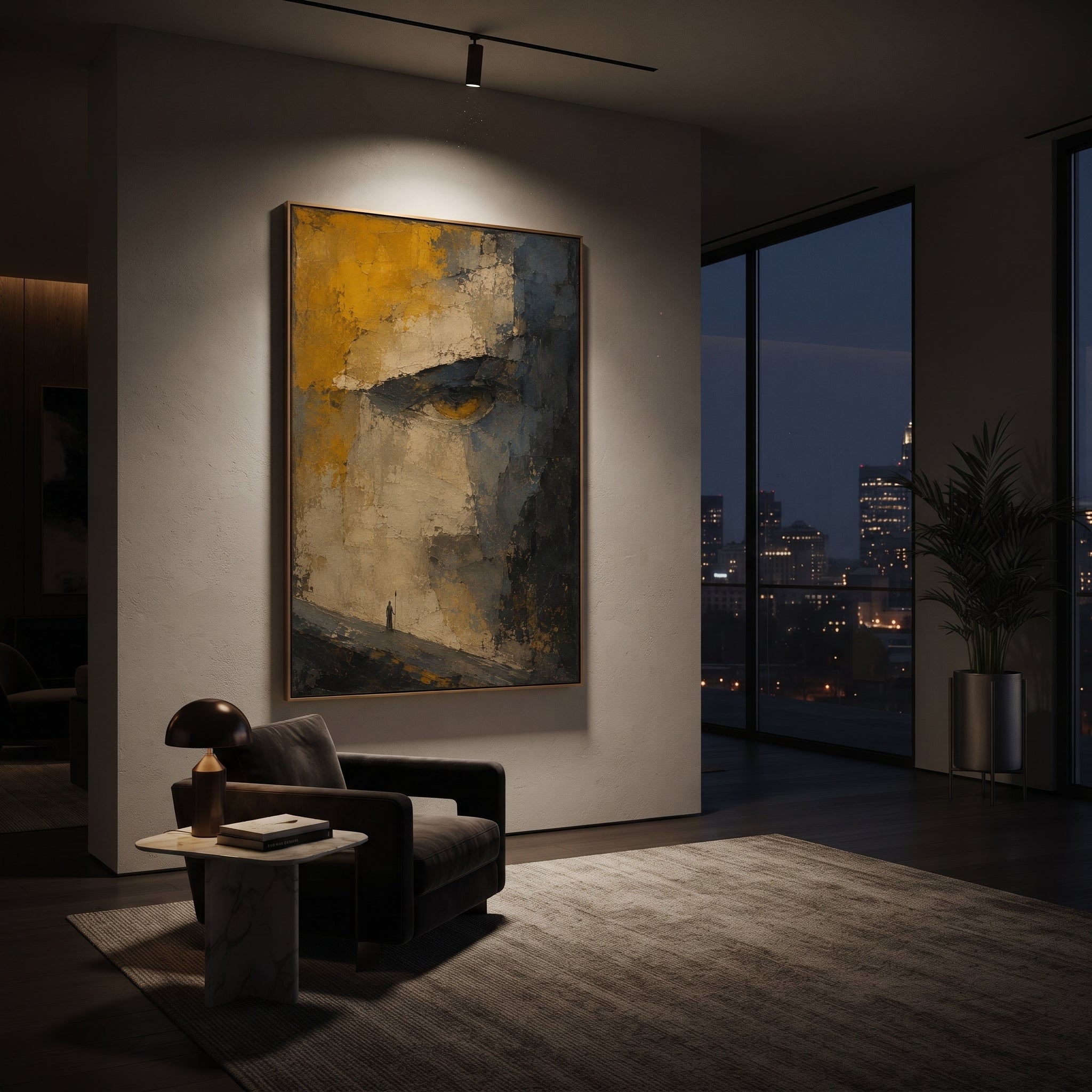 "Polyphemus Cave Eye" compresses the Cyclops episode into one immense watching eye above a tiny traveler, turning the canvas into the moment Odysseus feels trapped inside the giant cave. Ochre, stone grey and black impasto form a rough cavern surface, while the small figure below carries the vulnerability and cunning of the hero. The painting suggests danger without literal illustration, letting the eye become both monster and fate. Its vertical format heightens the mythic scale, ideal for