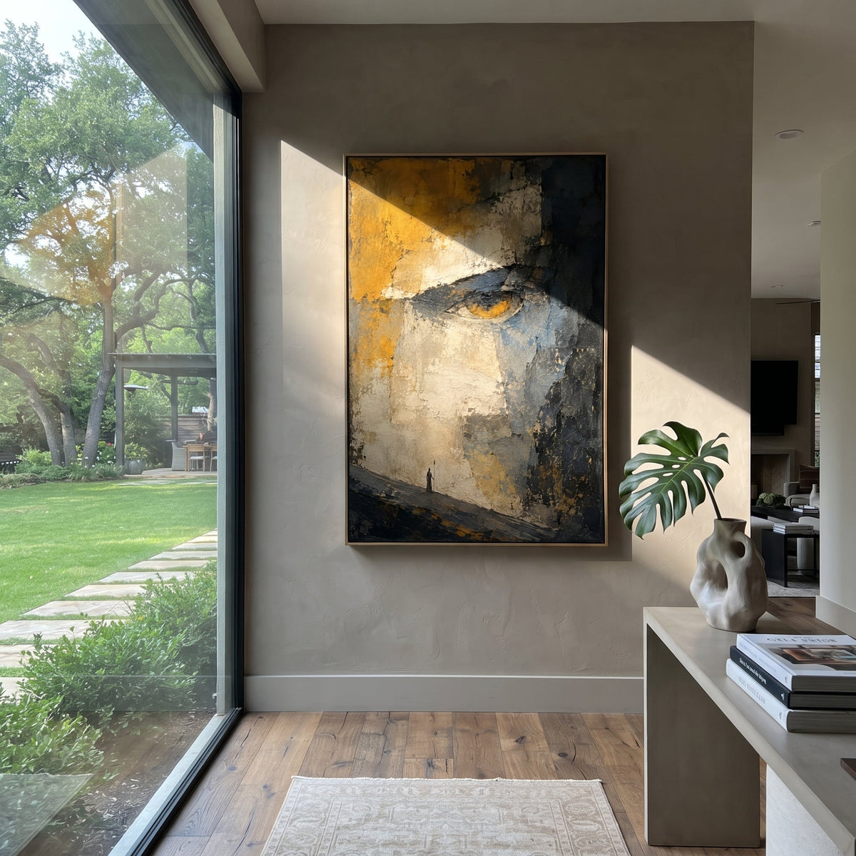 "Polyphemus Cave Eye" compresses the Cyclops episode into one immense watching eye above a tiny traveler, turning the canvas into the moment Odysseus feels trapped inside the giant cave. Ochre, stone grey and black impasto form a rough cavern surface, while the small figure below carries the vulnerability and cunning of the hero. The painting suggests danger without literal illustration, letting the eye become both monster and fate. Its vertical format heightens the mythic scale, ideal for